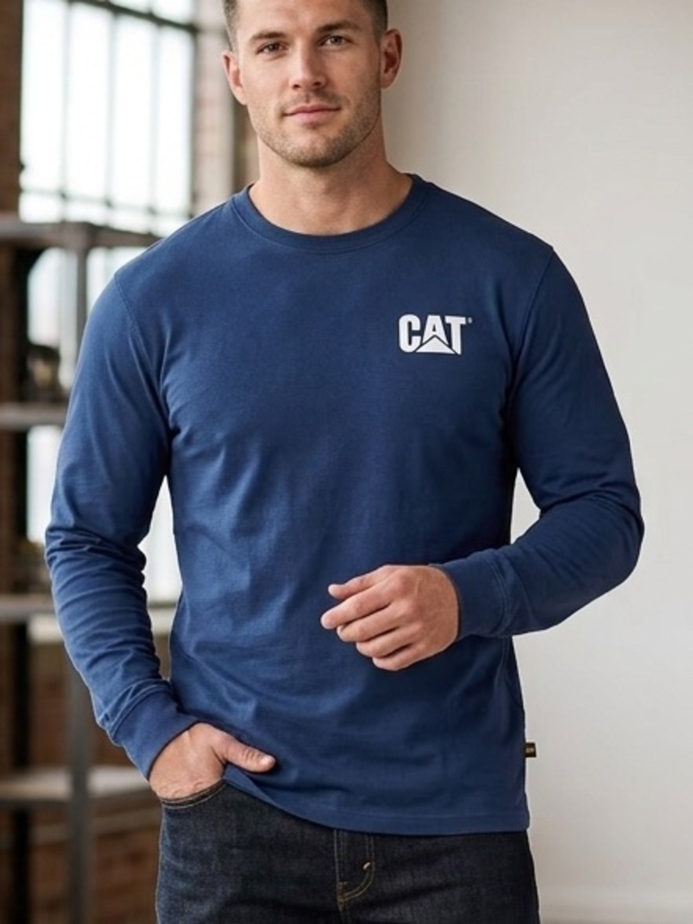 CAT Caterpillar Mens Trademark Banner Long Sleeve Work T-Shirt Blue Size M. 1842